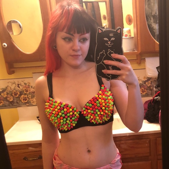 Pleasure Bound Other - Neon Pink Yellow Green Orange Spiked Rave Bra